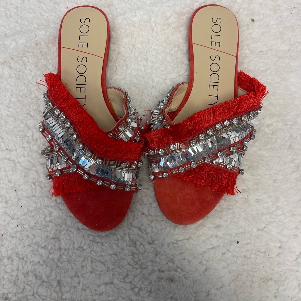 Sole Society Red Fringe Sandals —New